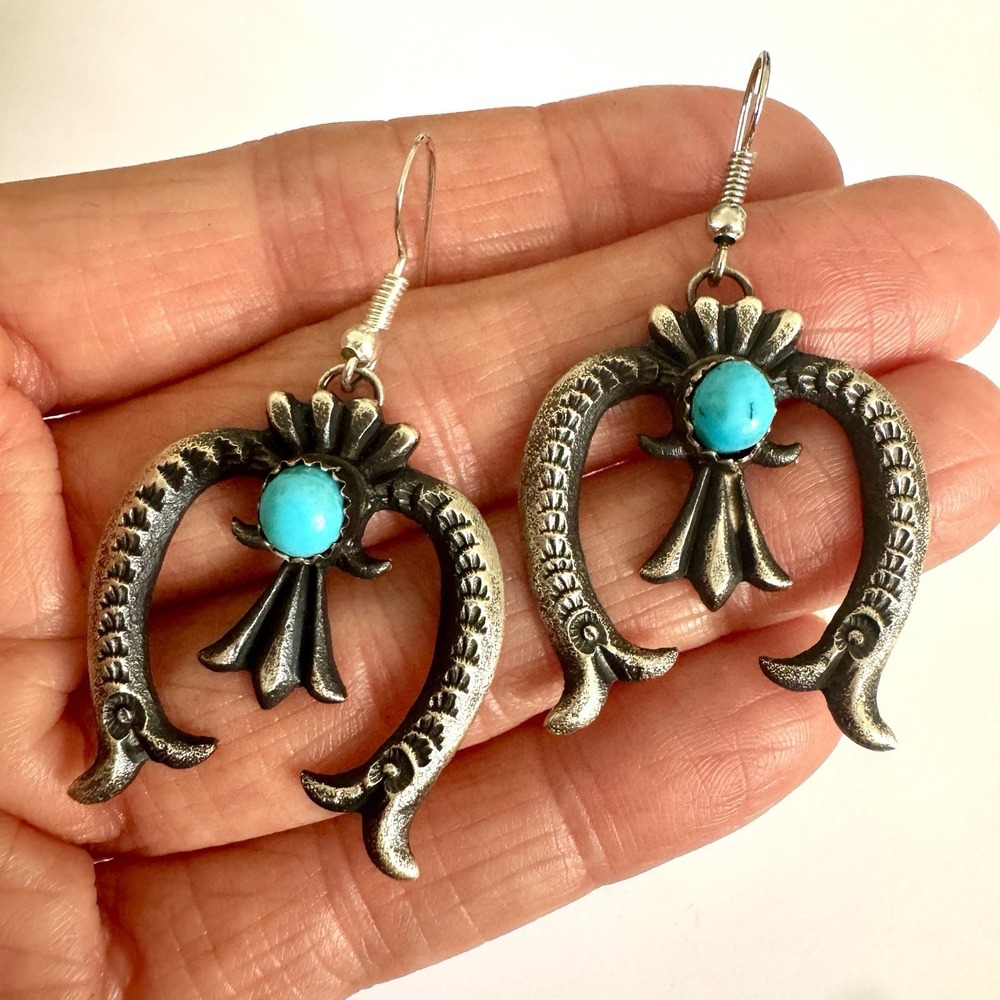 Navajo Naja Turquoise Earrings 2in Billah Sterling Matte Hook 925 Squash Blossom